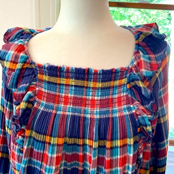 We the FREE  Womens Navy Plaid Long Sleeve
Square Neck Top Ruffle Sz XS. - Picture 3 of 8